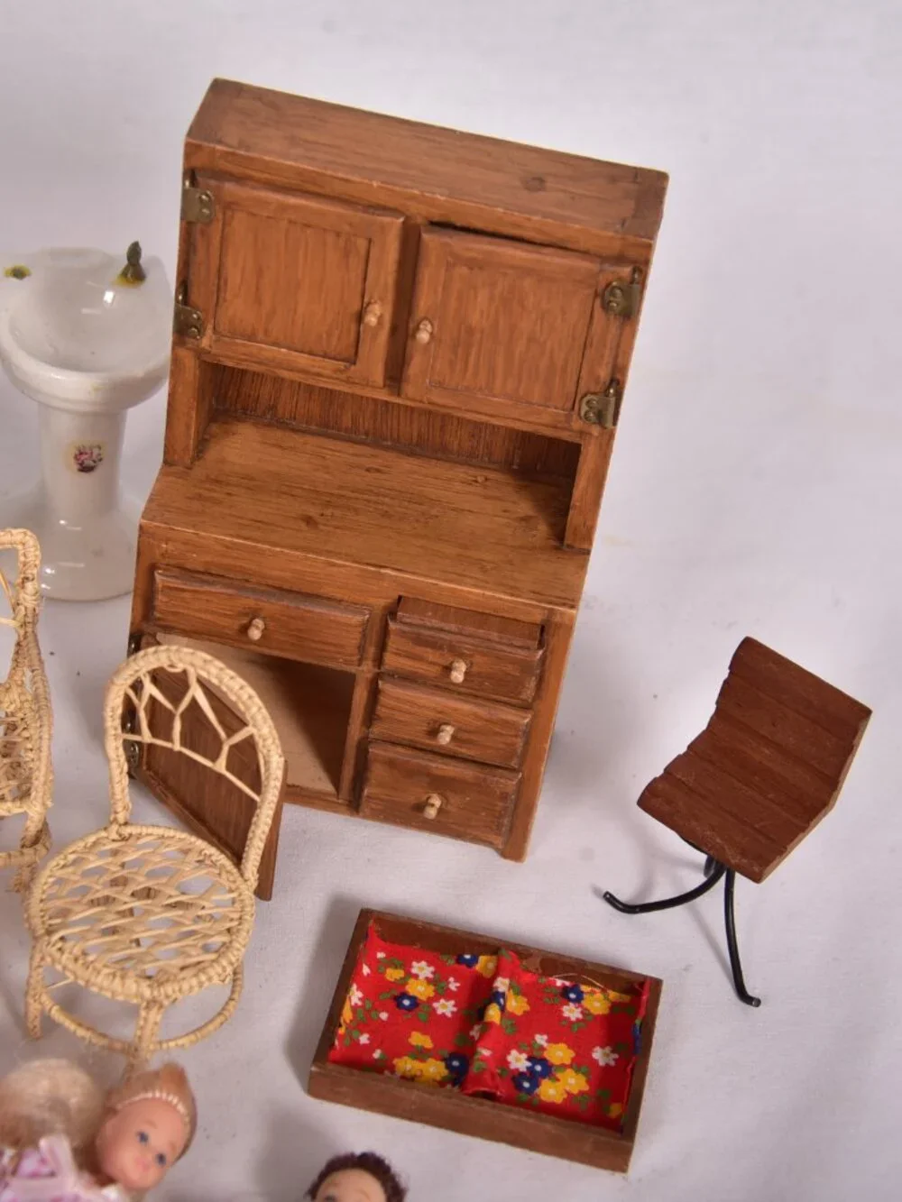 Lot of Vintage Doll House Furniture and Dolls Fair Condition